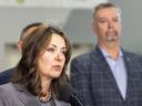 Premier Danielle Smith makes an announcement of a major step forward to help grow Alberta’s energy sector while reducing emissions, at the Canadian Energy Museum on Nov. 25, 2024, as John Gorman, vice-president, Canada and West Coast USA, Halliburton listens.