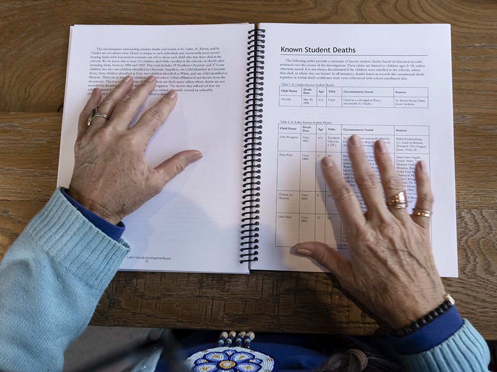 Dr. Janine Pease's hands on the St. Labre-Boarding Schools Investigation Commission Report in Montana, Wednesday October 23, 2024.
