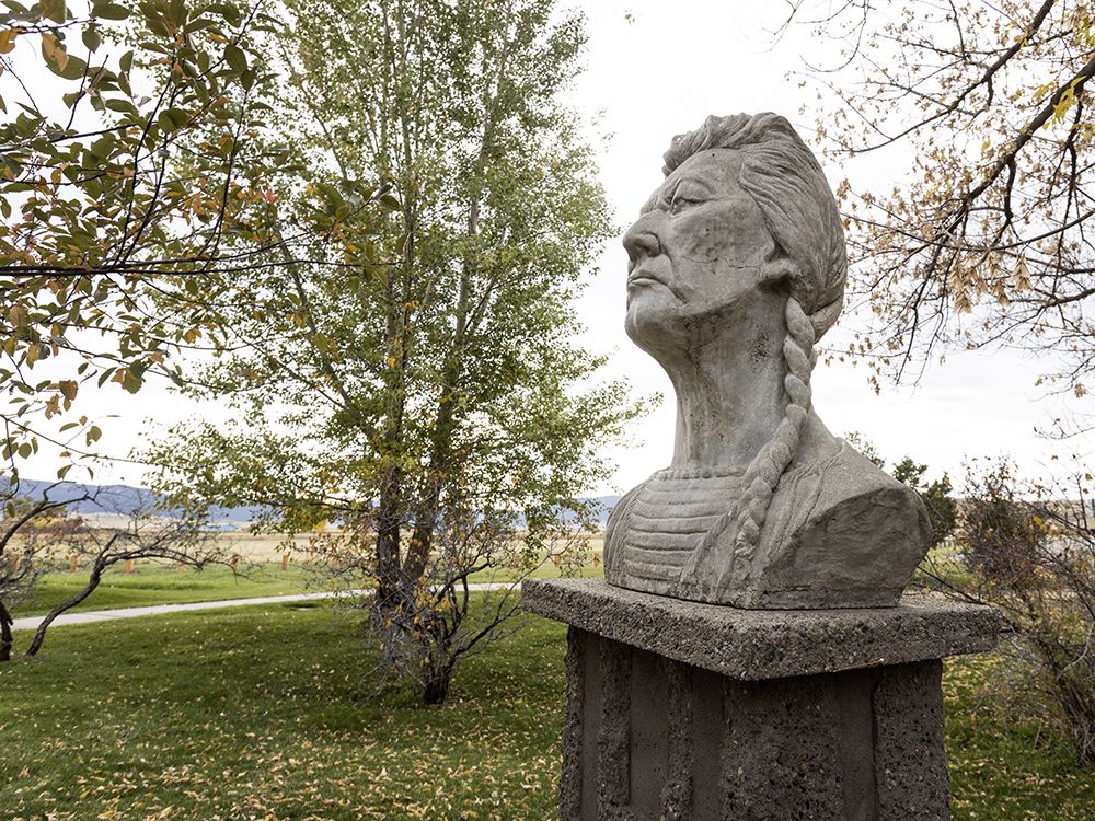A statue of Chief Plenty Coups at the Chief Plenty Coups State Park in Montana, Tuesday October 22, 2024.