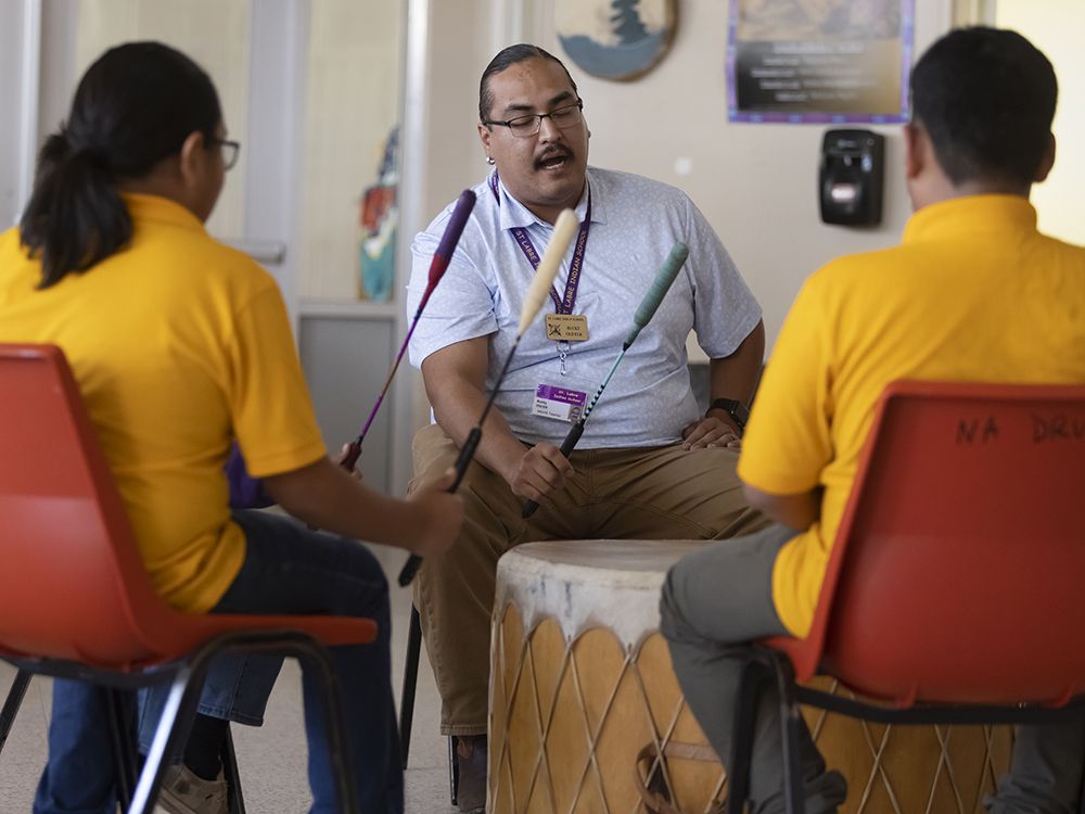 Bucky Old Elk teaches traditional Indian drumming at St. Labre Indian School in Ashland, Montana, Tuesday October 22, 2024.