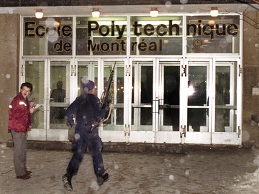 Police enter École Polytechnique after the gunman opened fire on Dec. 6, 1989.