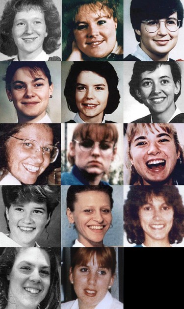 Victims of the Dec. 6, 1989 Montreal Massacre at Ecole Polytechnique. Row 1: Hélène Colgan, 23; Nathalie Croteau, 23; and Barbara Daigneault, 22. Row 2: Anne-Marie Lemay, 22; Sonia Pelletier, 28; and Annie St-Arneault, 23. Row 3: Maryse Laganière, 25; Barbara Klucznik-Widajewicz, 31; and Geneviève Bergeron, 21. Row 4: Anne-Marie Edward, 21; Maud Haviernick, 29; and Michèle Richard, 21. Row 5: Annie Turcotte, 20 and Maryse Leclair, 23.