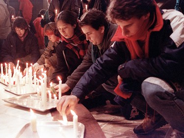 Students attend a vigil at St. Joseph’s Oratory in Montreal on Dec. 7, 1989 one day after 14 women were killed.
