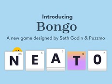 Graphic: A Puzzmo character hides behind word tiles that spell "Neato." Text reads: Introducing Bongo. A new game designed by Seth Godin and Puzzmo.