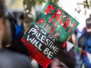 Students take part in a rally at the University of Calgary on Monday, October 7, 2024.