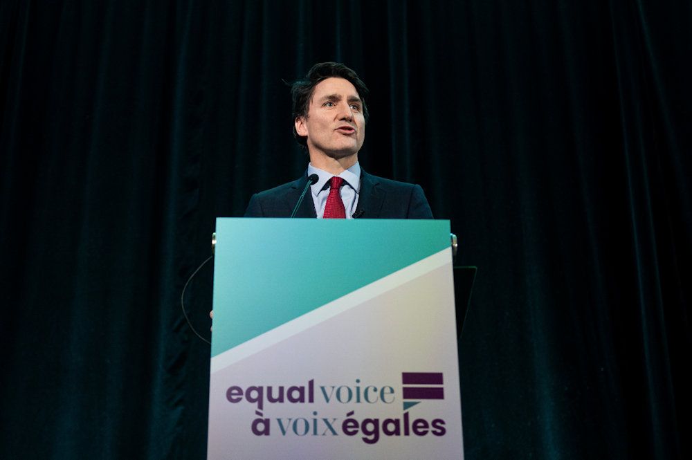  this is prime minister justin trudeau delivering his tuesday night remarks to the equal voice gala in ottawa. the speech would become most notable for trudeau declaring that kamala harris’s loss in last month’s u.s. presidential election was evidence that “women’s rights and women’s progress is under attack.” trudeau is already not in the good graces of donald trump, harris’s rival in that race. earlier this week, trump took a dig at trudeau’s junior status in tariff negotiations by referring to him as “governor justin trudeau of the great state of canada.”