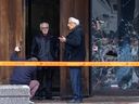 Cantor Henry Topas, left, and Rabbie Emeritus Dr. Mordecai Zeitz at the fire-bombed entrance to Congregation Beth Tikhvah in Montreal on Dec. 18, 2024.