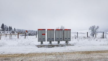 Rural Canada Post community mailboxes near Millarville, Alberta.
