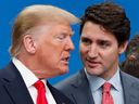 Presiden AS Donald Trump dan Perdana Menteri Kanada Justin Trudeau berbicara sebelum pertemuan meja bundar NATO di Inggris, 4 Desember 2019.