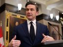 Conservative Party leader Pierre Poilievre speaks during a news conference on Parliament Hill in Ottawa on December 16, 2024.