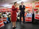 Federal Liberal Leader Justin Trudeau applauds byelection candidate Chrystia Freeland at a Toronto Centre campaign office on Oct. 2, 2013.