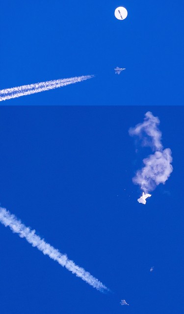 A composite image of the Chinese spy balloon before and after it was shot down by a U.S. air force jet on Feb. 4, 2023.