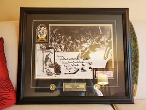 The signed photo Bobby Orr sent Doug Higgins of the goal Orr scored to win the 1970 Stanley Cup for Boston.