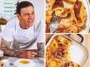 Clockwise from left: chef, TV host and restaurateur Chuck Hughes, lamb ragu with conchiglioni and savoury breakfast bread pudding. PHOTOS BY MARC-ANDRÉ LAVOIE