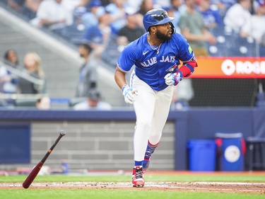 Vladimir Guerrero Jr. of the Toronto Blue Jays hits a double against the Houston Astros at the Rogers Centre on July 2, 2024, in Toronto.