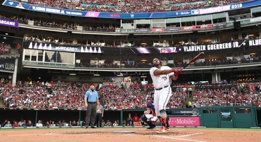 Vladimir Guerrero Jr. of the Toronto Blue Jays competes in the T-Mobile Home Run Derby at Progressive Field on July 8, 2019, in Cleveland, Ohio.