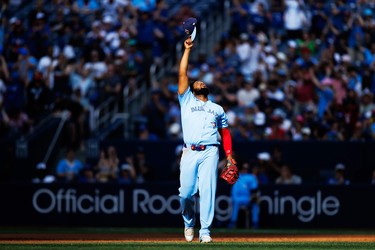 Vladimir Guerrero Jr. #27 of the Toronto Blue Jays celebrates defeating the Los Angeles Angels 3-1 at Rogers Centre on August 24, 2024 in Toronto.
