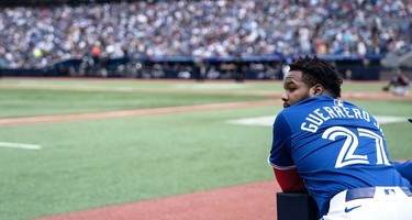 Toronto Blue Jays Vladimir Guerrero Jr. in the dugout during the Blue Jays' last game of the season against the Miami Marlins in Toronto on Sept. 29, 2024.