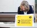 Ontario NDP Leader Marit Stiles marks her ballot in her riding of Davenport in the Ontario provincial election, in Toronto, Thursday, Feb. 20, 2025.
