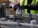 Vincent Arkansas pulls cans of freshly canned beer from an assembly line at The Can Van headquarters on February 19, 2025 in Sacramento, California.