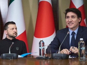Ukrainian President Volodymyr Zelenskyy, left, and Canadian Prime Minister Justin Trudeau