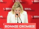 Ontario Liberal Leader Bonnie Crombie speaks on stage at her campaign headquarters in Mississauga, on Thursday, Feb. 27, 2025.