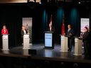 From left: Ontario Liberal Leader Bonnie Crombie, Ontario NDP Leader Marit Stiles, moderator Markus Schwabe, Ontario Progressive Conservative Party Leader Doug Ford and Ontario Green Leader Mike Schreiner take part in the Ontario election debate in North Bay on Friday, Feb. 14, 2025.