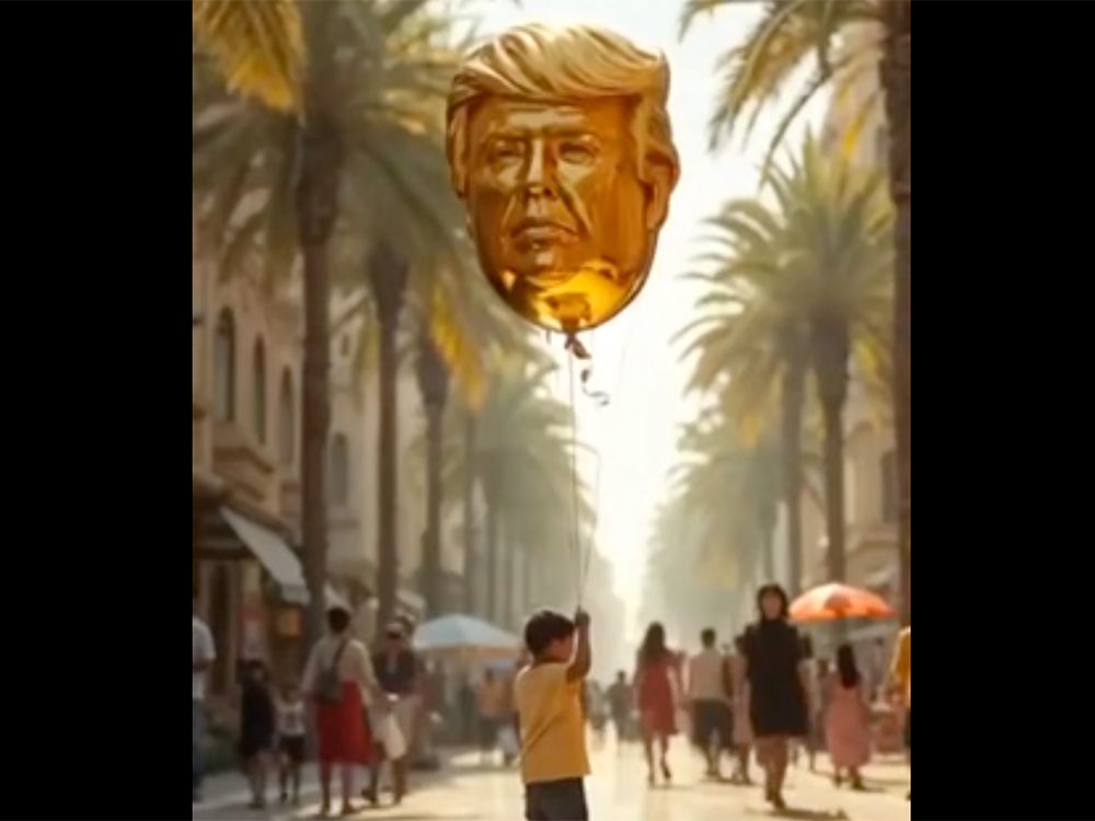 A child holding a balloon shaped like Donald Trump's head.