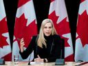 Canadian Heritage Minister Pascale St-Onge speaks at a press conference held at the Ottawa National News Theater on Thursday, February 20, 2025.