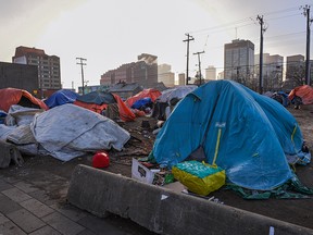 A homeless encampment near downtown Edmonton on Jan. 4, 2024.