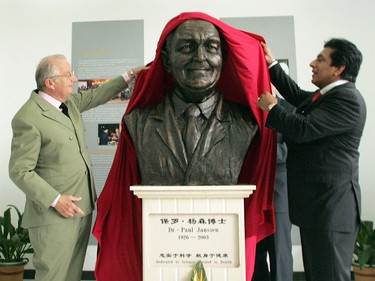 King Albert of Belgium, left, unveils a statue of Dr. Paul Janssen, the founder of Janssen Pharmaceuticals, during a visit to China in 2005.