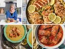 Clockwise from top left: author Amina Al-Saigh, one-pot chicken and saffron orzo, Sarra's saucy skillet trout and lentil soup. PHOTOS BY AMINA AL-SAIGH