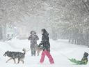People walk through a city park during a snowstorm in Montreal, Thursday, Feb. 13, 2025.