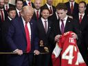 U.S. President Donald Trump hangs out with the 2024 Stanley Cup champion Florida Panthers at thee White House. Team USA General Manager said the they would like to see Trump attend the 4 Nations final against Canada on Thursday in Boston.