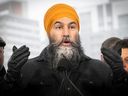 NDP leader Jagmeet Singh answers questions from reporters, during a campaign event at the Peel basin on Monday, March 24, 2025.