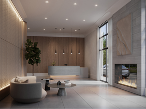 The lobby has an indoor-outdoor fireplace and access to an upgraded parcel delivery area and a pet spa.