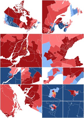 This election has featured some utterly bananas polls, but this one may deserve distinction. Prepared by election modeller Bryan Breguet, it’s based on an EKOS poll that has the Liberals at 48.3 per cent to the Conservatives’ 35.5 per cent. For context, the last election in which the Liberals got anywhere close to that was in 1953, when they received 48.43 per cent of ballots under Louis St. Laurent. As per Breguet’s model, the Bloc Québécois is wiped out, the NDP wins two seats and Conservative leader Pierre Poilievre loses his seat.