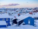 Houses covered with snow in Nuuk, Greenland’s capital city, on March 5, 2025.