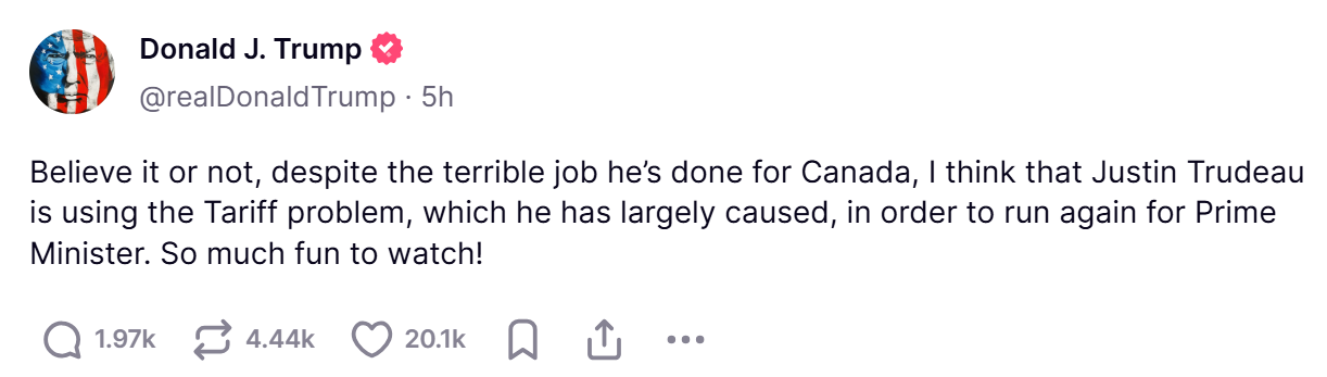 Trump didn’t seem to be aware that Trudeau had only a few more days as prime minister and wasn’t contesting the next election. Trump didn’t seem to be aware that Trudeau had only a few more days as prime minister and wasn’t contesting the next election.