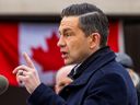Conservative leader Pierre Poilievre makes an announcement around houses under construction  in Vaughan, Ont. on Tuesday March 25, 2025.