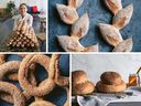 Clockwise from top left: author Babette Kourelos, epi baguette, old-fashioned cottage loaf with spelt and koulouria, Greek sesame bread rings. AUTHOR PHOTO BY ALON SKUY/FOOD PHOTOS BY DL ACKEN