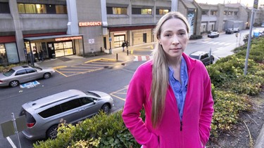 Nurse Victoria Treacy in front of Eagle Ridge Hospital Emergency in Port Moody, B.C., January 16, 2025. Treacy is calling for better safety for hospital staff and patients after being confronted by a machete-wielding patient.