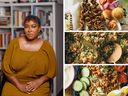 Clockwise from left: author Ozoz Sokoh, beef suya, Nigerian fried rice and Nigerian salad. PHOTOS BY JAMES RANSOM