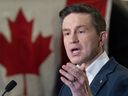 Conservative Leader Pierre Poilievre speaks during a news conference at the Ivaco rolling mill in L'Orignal, Ont., Monday, March 17, 2025.
