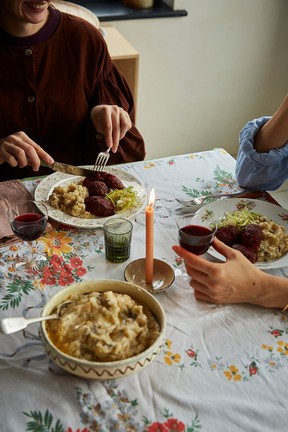 Rye, beet and beef meatballs with coriander and gherkins
