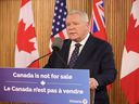 Ontario Premier Doug Ford fires back at U.S. President Donald Trump after tariffs were levied against Canada as anticipated at the McDonald Block beside Queens Park on Tuesday March 4, 2025.