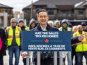 Conservative leader Pierre Poilievre makes an announcement around houses under construction in Vaughan, Ont. on March 25, 2025.
