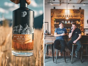Wild Life Distillery's award-winning wheat whisky, left, and co-founders Matt Widmer and Keith Robinson