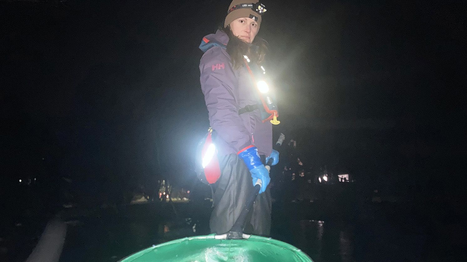  Suzy Edwards fishes elvers on a Nova Scotian river at night for a company holding a DFO issued commercial license.