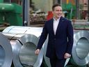 Conservative Party Leader Pierre Poilievre leaves a campaign stop at Apollo Sheet Metal on March 27, 2025 in Coquitlam.